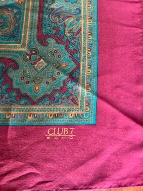 Echo paisley square scarf in fuchsia and teal with gold logo 34“ x 34“
